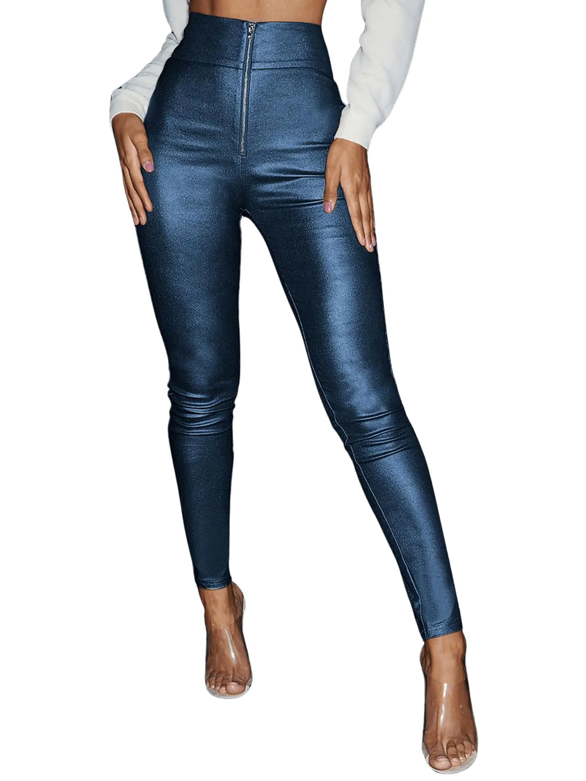 MakeMeChic Womens Metallic Faux Leather High Waisted Zipper Front Skinny Pants Leggings Blue XL